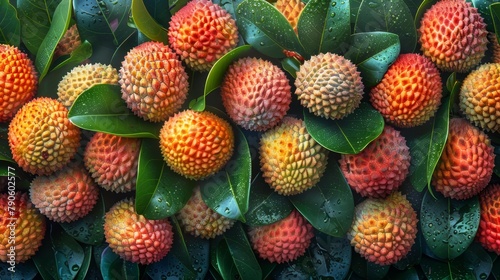  A tight shot of ripe fruits nestled on a leafy branch, adorned with droplets of water at their tips