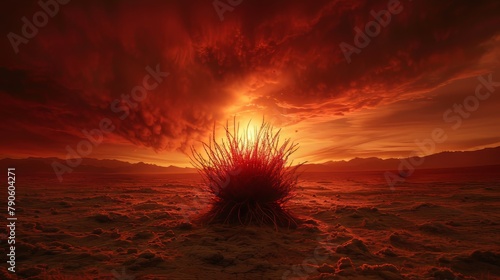 Dramatic red sky over desert landscape with isolated tumbleweed