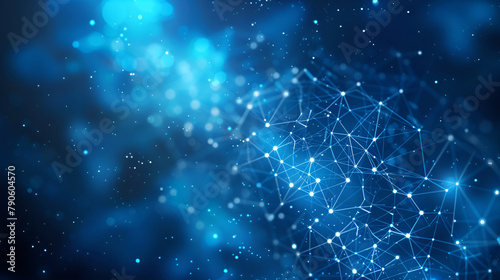 Blockchain network Abstract connected dots on bright blue background ,Distribution of lines and points in space ,Digital background of data network connection ,Molecules technology with polygonal 
