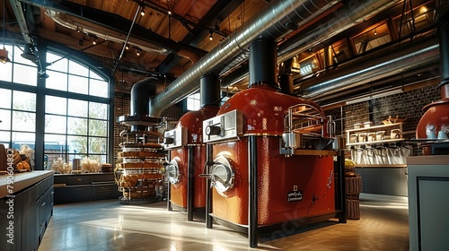 A large modern and stylish red industrial coffee roaster, vaulted ceiling, metal ventilation pipes. Generative AI.