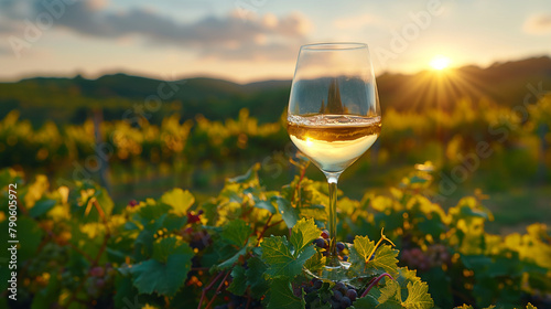 Wine glass with pouring white wine and vineyard landscape in sunny day. Winemaking concept,