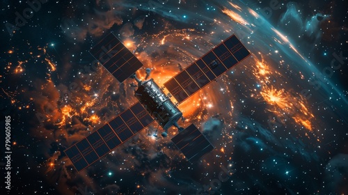 Orbiting satellite with orange solar panels in a vibrant galaxy backdrop