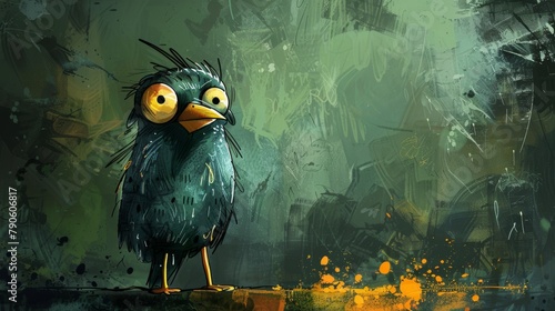 Humorous cartoon bird with a expressive face on a grungy backdrop