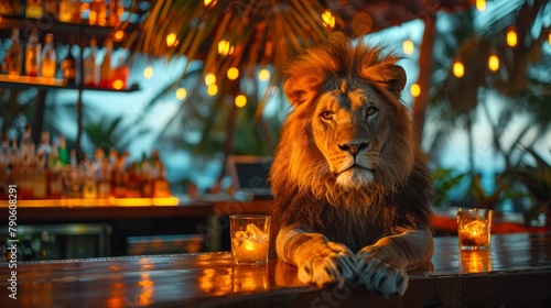  A lion sits at a bar, holding a glass of alcohol Behind him stands a palm tree