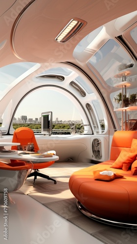 An aero space living habitat designed with orange accents and sleek, modern aesthetics 
