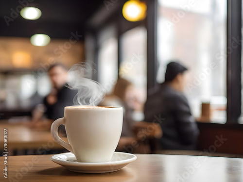 White Coffee cup with cough and blurred people in cafe background