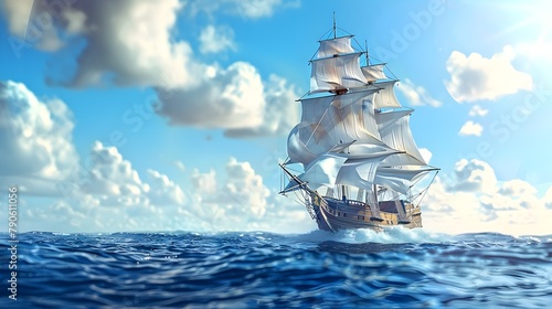 Majestic Sailing Ships Billowing Sails in D and D Styles Across Open Ocean