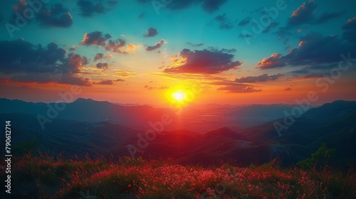 Stunning sunset over layered mountain ranges with vivid red and azure hues