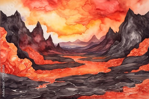 Lava Flows Watercolor Landscape Background, Watercolor Volcano Wallpaper, Watercolor Painting of Magma Flows, Lava River Wallpaper, AI Generative