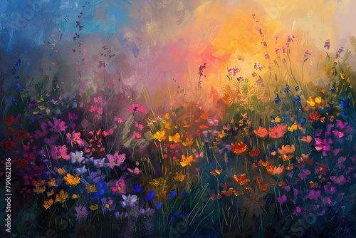 An impressionistic painting of a wildflower meadow at sunset, colors blending into a vivid tapestry. The setting sun casts long shadows, enhancing the flowers' rustic charm. 