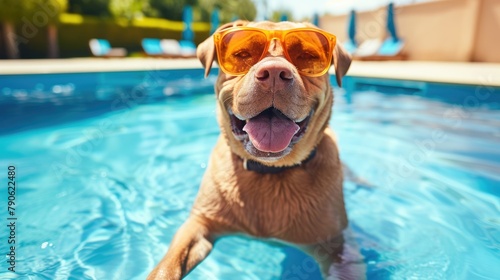 A dog enjoys a vacation at the swimming pool, splashing and having a paw-some time. Ai Generated.