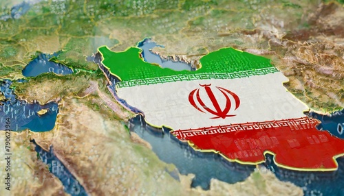 country map and flag, wallpaper Launch of missile. Iran flag and map in background. 3D rendered illustration.