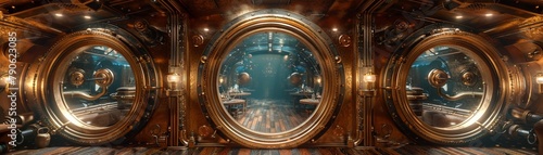 Steampunk ocean liner, brass hull, steam funnels, elegant ballrooms 