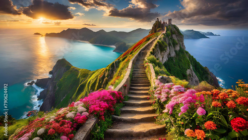 Firefly stairs going up to the mystical mountain surrounded by different colorful flowers