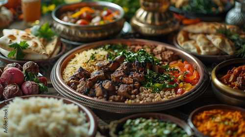 Arabic Cuisine Middle Eastern traditional lunch, It's also Ramadan, hyperrealistic food photography