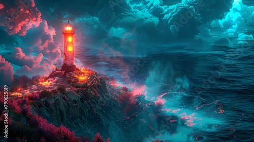 Stunning Isometric Lighthouse Illuminating a Vibrant Digital Ocean at Night