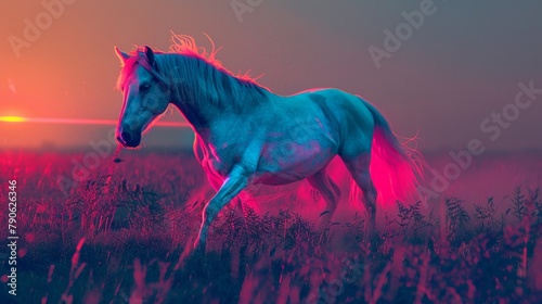 Iridescent horse, neon colors glowing vibrantly, captured in a phantasmal, otherworldly setting