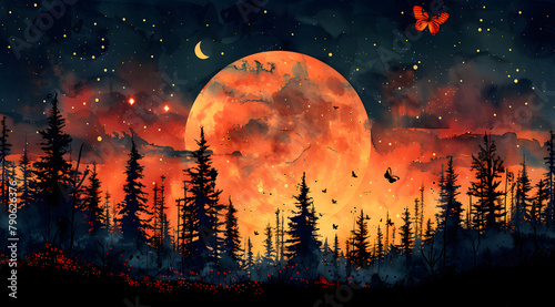Autumn Nocturne: Watercolor Scene with Moonlight, Stars, and Butterflies