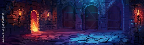 Medieval dungeon. Illustration of a castle interior with glowing torches on stone walls, arched doorways, and a barred gate.