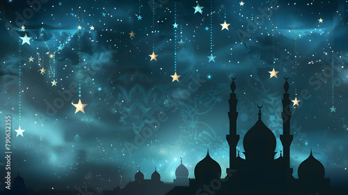 Eid Ul Adha background design, silhouettes of Islamic mosque with hanging stars and crescent moons