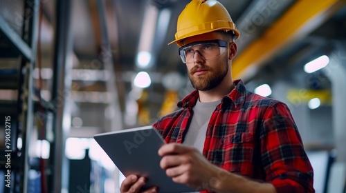 Hombre joven, ingeniero, con casco de trabajo y con tablet en la mano