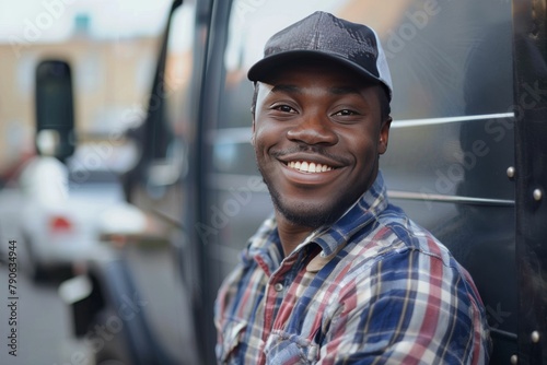 Smiling Middle-Aged Caucasian Trucker Posing by His Truck in the USA.. Beautiful simple AI generated image in 4K, unique.