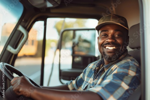 Happy Black Professional Driver Exiting Truck and Looking at Camera - Generative AI.. Beautiful simple AI generated image in 4K, unique.