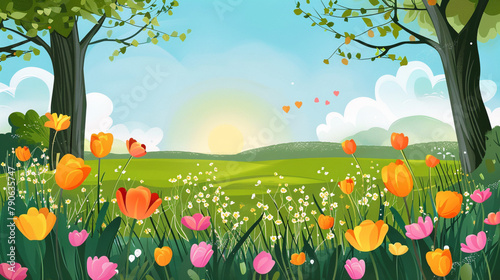 春の大地 花と緑あふれる光景