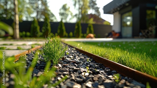 Close-up of vibrant green grass and metal edging with a blurred background of garden maintenance work 