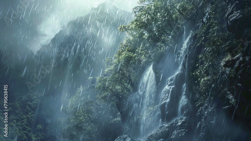 A waterfall plunges over a cliff edge, sending a curtain of mist into the air as droplets rain down on the rocks below.