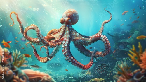 Underwater scene with an octopus rising as a leader against a backdrop of conforming sea creatures, sunny and vibrant underwater world