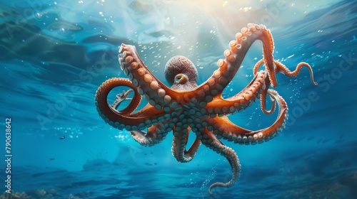 Delightful octopus swimming gracefully underwater, embodying leadership in a sea of conformity, sunny rays penetrating the serene blue waters