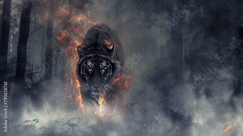 A solitary tiger lion with a fiery mane leads a pack through an ethereal foggy forest, eyes glowing, embodying the spirit of individuality and leadership