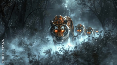 A solitary tiger lion with a fiery mane leads a pack through an ethereal foggy forest, eyes glowing, embodying the spirit of individuality and leadership