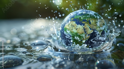 Água no mundo, splash de um globo terrestre em água 