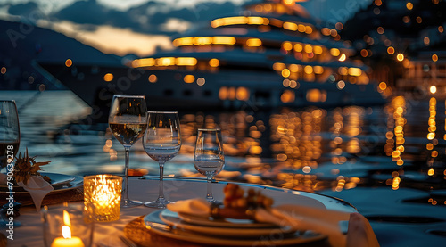 A romantic dinner night on a mega yacht parked in port. Generative AI.