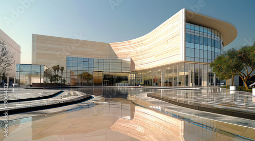 Shopping mall, contemporary architecture, beige stone and glass facade, facing beige stone plaza with mirror pond, gently curved corner. Generative AI.