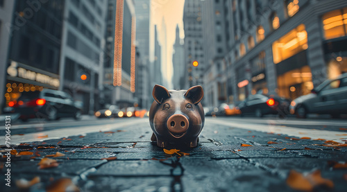 Piggy bank on the empty street with modern building behind it. Generative AI.