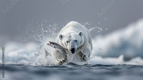Polar bear catches fish, wild animals concept, white background, banner