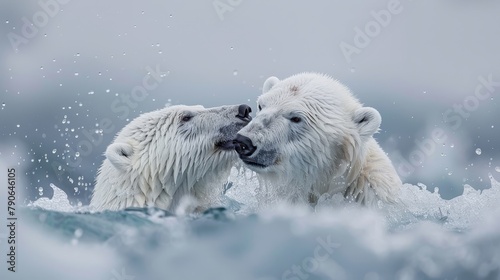 Two adult polar bears close up, wild animals concept, white background, banner