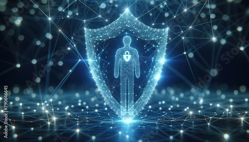 Digital guardian: a luminous silhouette shielded by a sparkling cybersecurity shield amidst a network of interconnected nodes