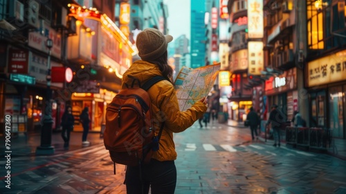 A traveler standing on a vibrant city street, map in hand, ready to explore the new surroundings