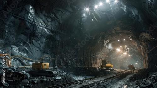 A tunnel is being excavated deep underground, its progress illuminated by powerful lights