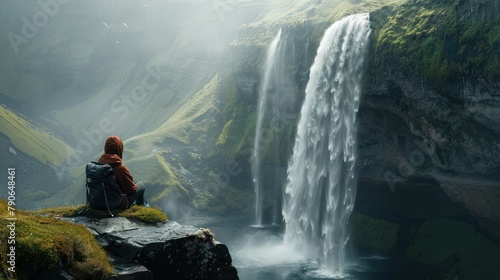 A young backpacker sitting on a cliff edge, gazing at a majestic waterfall cascading into a natural pool below
