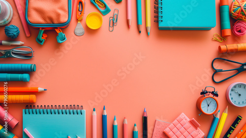 A vibrant collection of school supplies arranged neatly against a coral background, capturing the essence of organized academic preparation