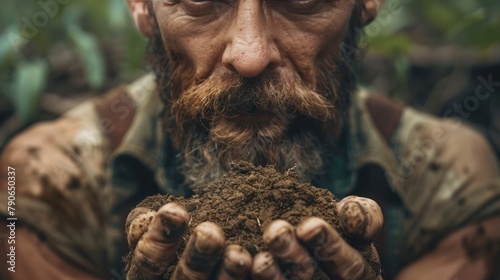 ruggedly farmer with a beard, and weathered hands cradling a handful of soil