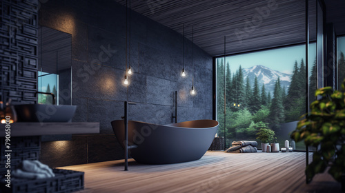 bathroom interior design with matte black bath, Serene Mountain View Bathroom