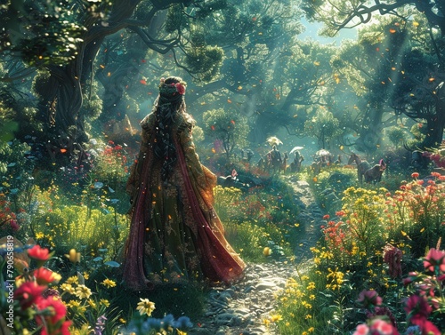 An enchanted forest clearing, where a fairy queen holds court, surrounded by mythical creatures and ancient magic