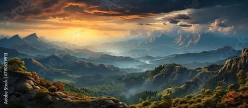 Panoramic view of the mountains at sunset. Beautiful summer landscape.