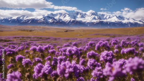 A field of purple flowers with snowcapped mountains